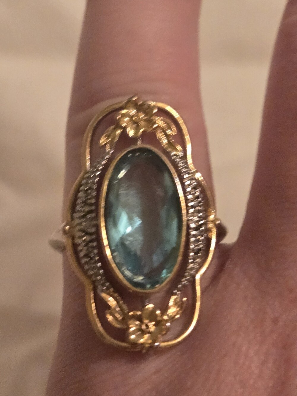 Gold Over Sterling Deco Aquamarine Ring Size 6